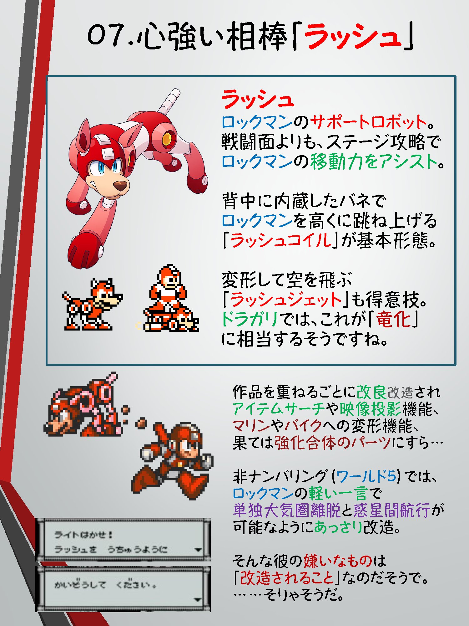 漂流いかだ Kor ロックマンとは 解説資料の第三回が完成しました 今回はラッシュをはじめとするロックマンの仲間たちについて です まぁ何より最新作ロールちゃんの可愛さは見ておいてください ドラガリ ロックマン