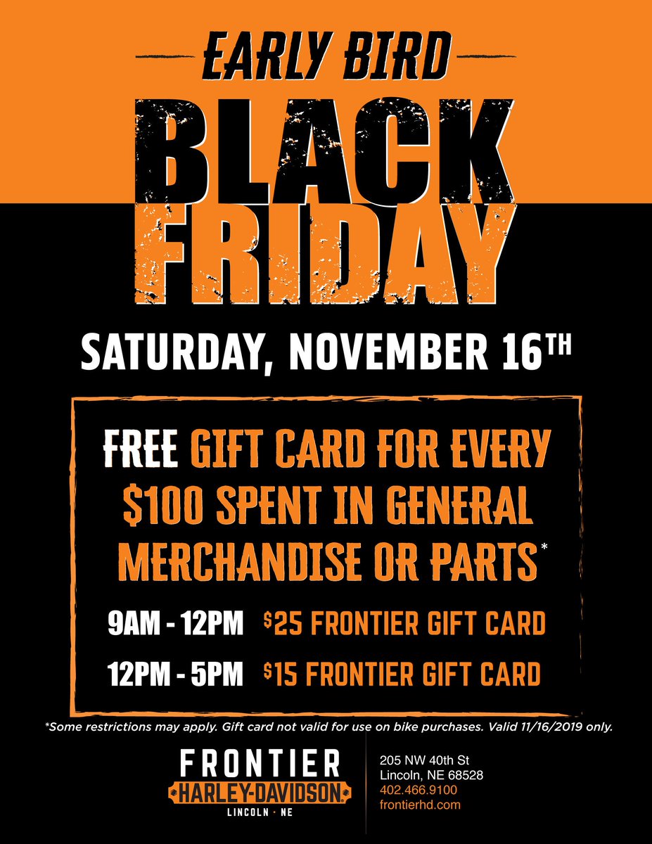 FrontierHD's tweet photo. S•A•T•U•R•D•A•Y head to Frontier for our Early Bird Black Friday (but on Saturday when everyone isn't stuck at work!). Get a Frontier gift card with $100 purchase in General Merchandise &amp; Parts!! 11/16 only! https://t.co/USK9jvlOOe