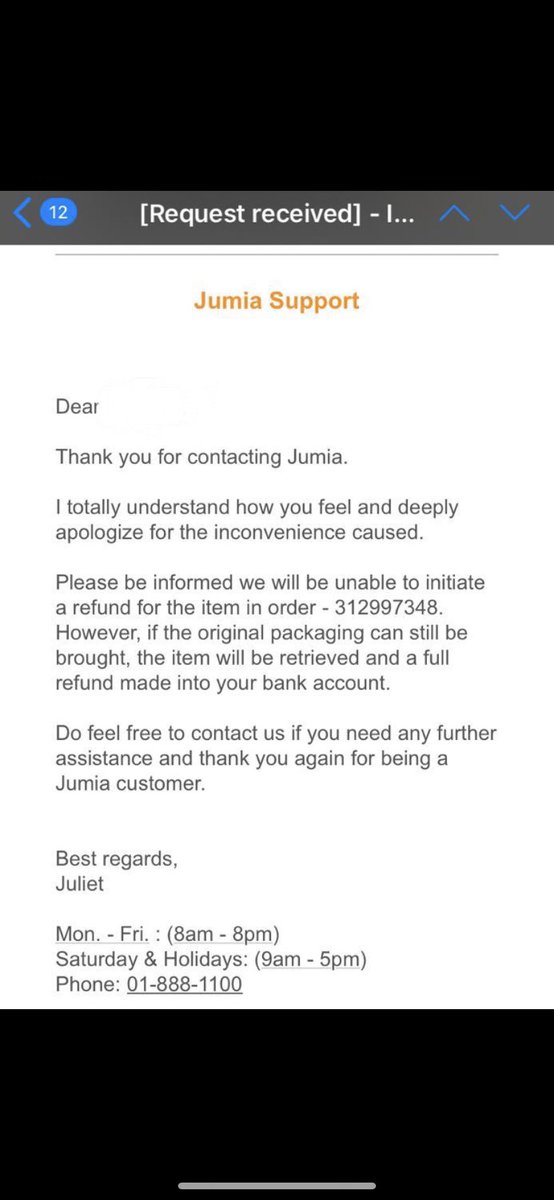 So I contacted <a href="/JumiaNigeria/">Jumia Nigeria</a> about the fact that they delivered a cheaper, different product, with a defect!!! They said it can’t be returned without the box. Alright, refund the price difference. See the reply this jokers sent. <a href="/JumiaNigeria/">Jumia Nigeria</a> find or borrow some integrity.