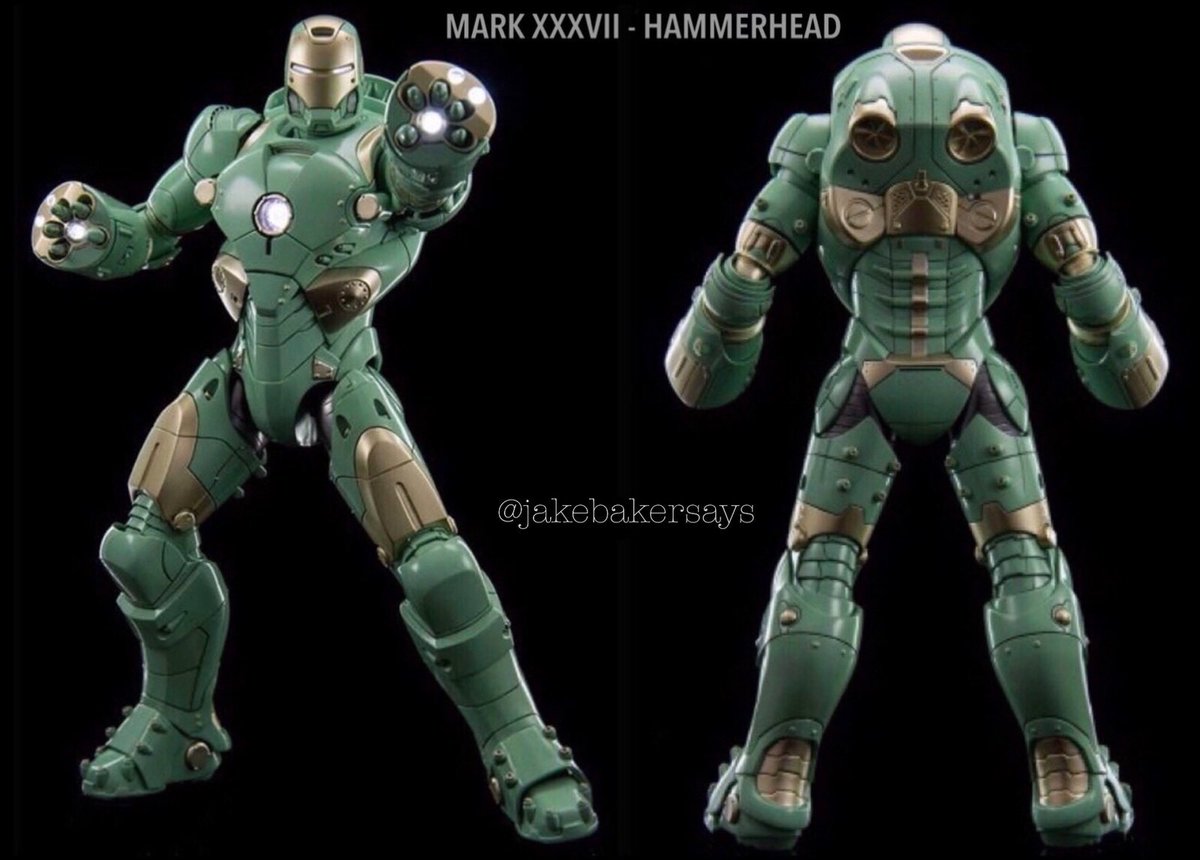 MARK XXXVII - Hammerhead- Deep Sea Suit- featured thicker armor and seals at joints to keep water out- can travel undersea without its systems short circuiting or malfunctioning- featured infrared scanners and multiple lights on the suit to be able to see underwater
