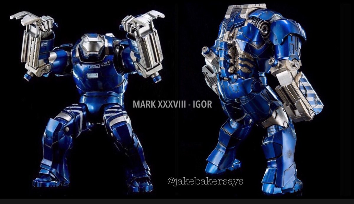 MARK XXXVIII - Igor-Heavy Lifting Suit- large silver and blue suit, designed for search and rescue missions and construction - able to perform incredible feats of strength, five times stronger than the average Iron Man armor and only the Hulkbuster armors are stronger