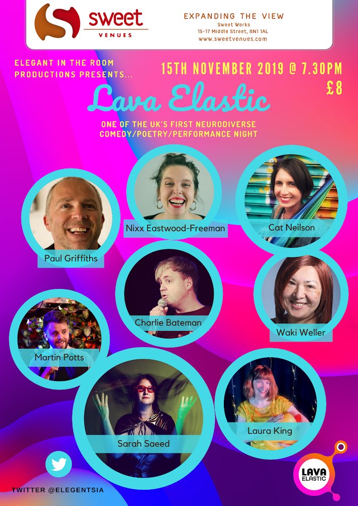 LavaElastic's tweet photo. This Friday 15th November it’s the next #lavaelastic @SweetVenuesBtn @werksgroup with a load of funny people on as usual!  This month including @martinpotts @NixxFreeman @Cat_Neilson #charliebateman + more!  7.30pm start #brightoncomedy #livecomedy #BrightonHour https://t.co/FdsJtESBAe
