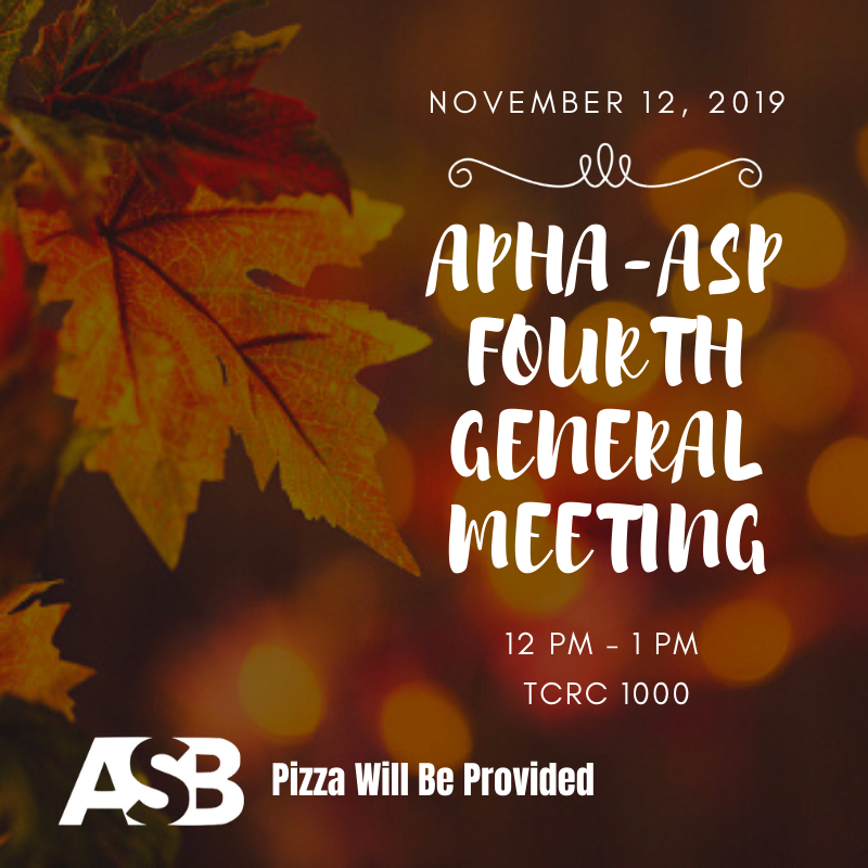 Our chapter's fourth General Meeting is tomorrow (11/12/2019) in TCRC 1000 from 12 PM - 1 PM! Pizza will be provided, and we hope to see you all for our last meeting of the semester!