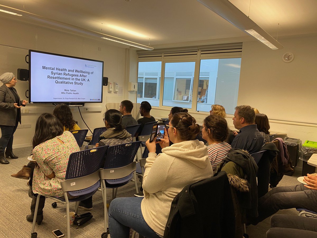 Wonderful seminar from our #MSc #publichealth student Mais Tattan on #Menatlhealth and #wellbeing of #Syrian #refugees in the UK.
Seminars are every Monday from 12:30 to 1:30 <a href="/BSMSPCPH/">BSMS Primary Care and Public Health</a> <a href="/BSMSMedSchool/">BSMS</a>