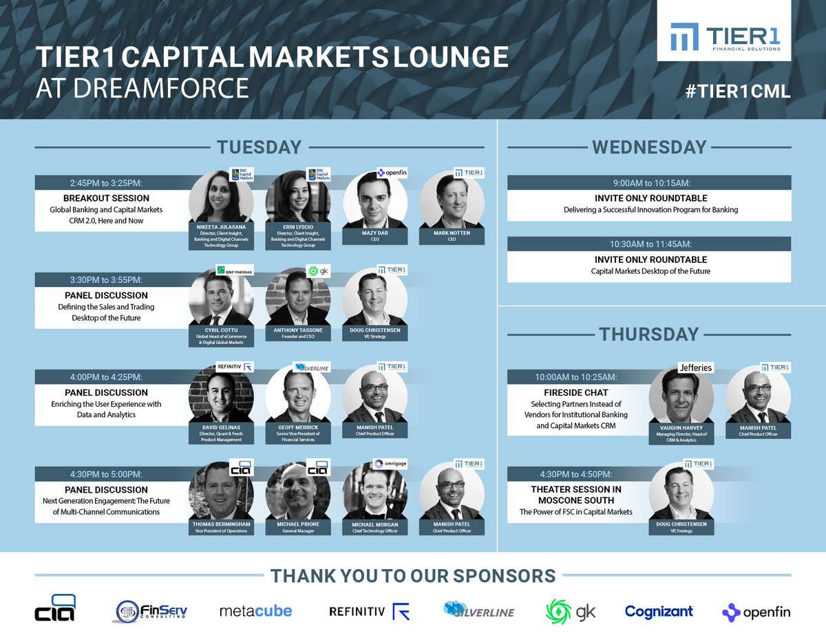 Mnotten's tweet photo. Rolling out a VIP experience w/ our Tier1 Capital Markets Lounge at #DF19 in 1 week. Industry leaders from @BNPParibasCIB @rbccm @Jefferies @GreenKeyTech @openfintech @ClientIA @Refinitiv @silverlinecrm https://t.co/0mgG6F1Phi #Tier1CML #fintech #cloudcomputing #RoadtoDF19 https://t.co/E1DGXrxgLR