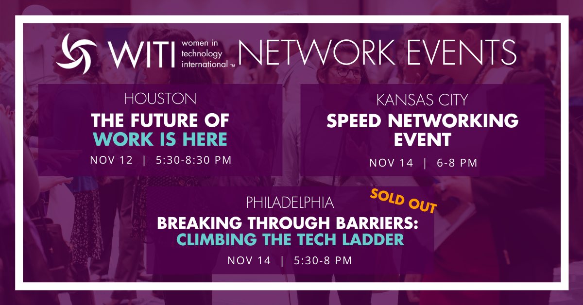 WITI's tweet photo. Check out this week’s events! See one in your area? Go to https://t.co/CdSfDalR6B for more information or to register. #JoinWITI #WomenInTech https://t.co/VaR6UQo5Dh