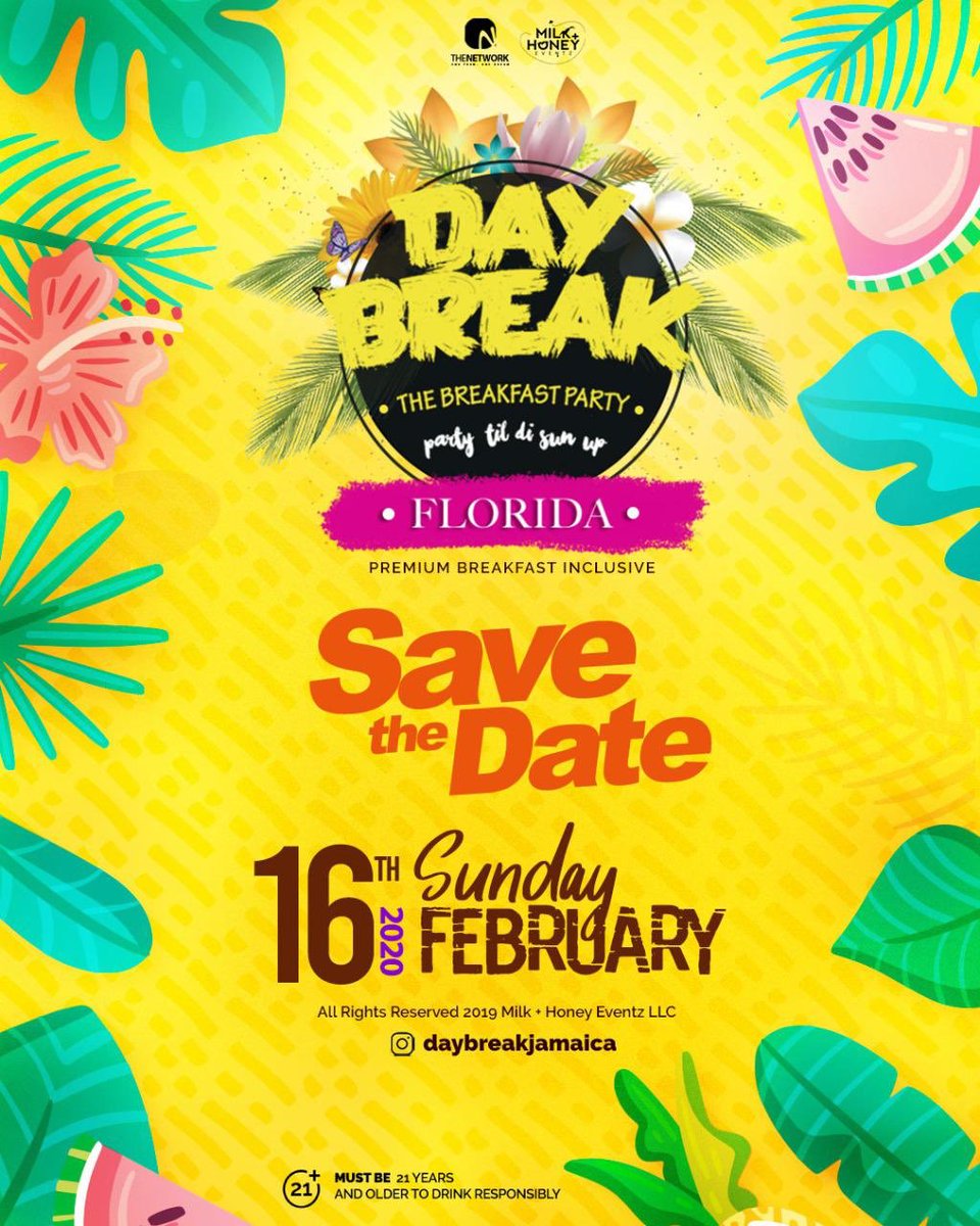 ShaneMorris15's tweet photo. South Florida mark your 2020 calendars DAYBREAK @daybreakjamaica returns on Sunday February 16🎉🥳.
.
@thenetworkjam @milkandhoney_party
#Daybreakfl
#Breakfastparty
#Thenetworkjam
#MilkandHoneyparty
#Soca
#Dancehall
#OneCaribbean https://t.co/LbU1P5lBcj