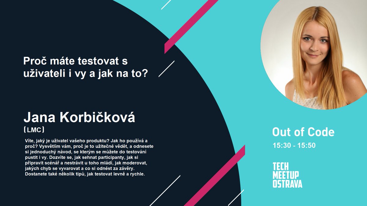 techmeetupcz's tweet photo. Do konference #TM_Ostrava_2019 zbývá už jen několik posledních dní a nám zbývá představit ještě pár řečníků, takže pojďme na to.🙂Na #out_of_code stage se můžete těšit třeba na @71korbickova a její přednášku o uživatelském testování❗️🎉
#UX #UI #Testing

https://t.co/LlUgjw5J8l https://t.co/0muyPHCNjS