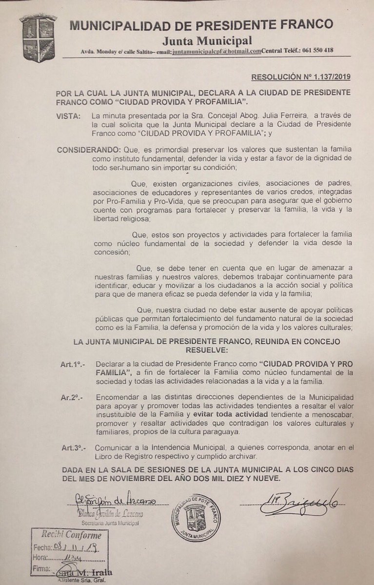 juliafe38065455's tweet image. Pdte. Franco (Alto Paraná, Paraguay) es Provida y Profamilia. Aquí la resolución N° 1137 por la cual la Junta Municipal declara a la ciudad "Provida y Profamilia". ¡Brillante! 👏 #JuntosSomosMasFuertes