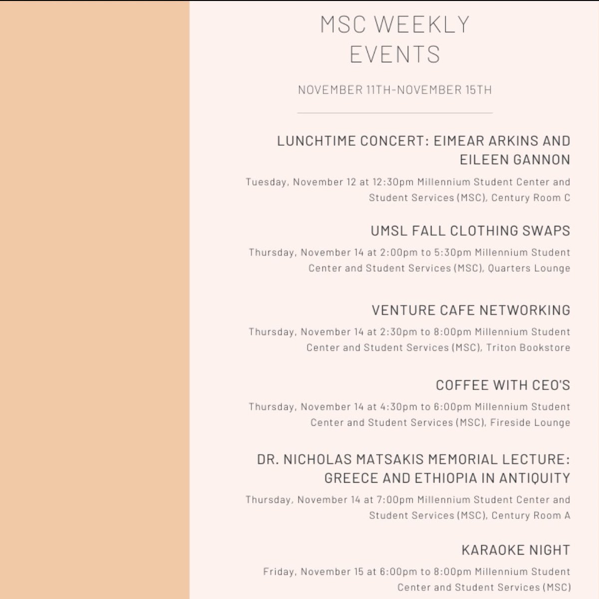 UMSL Millennium Student Center (@umslmsc) on Twitter photo Check out some awesome events happening in the MSC this week! Feel free to message us with any questions you have about these events! Have a great week, Tritons! š Check out some awesome events happening in the MSC this week! Feel free to message us with any questions you have about these events! Have a great week, Tritons! š