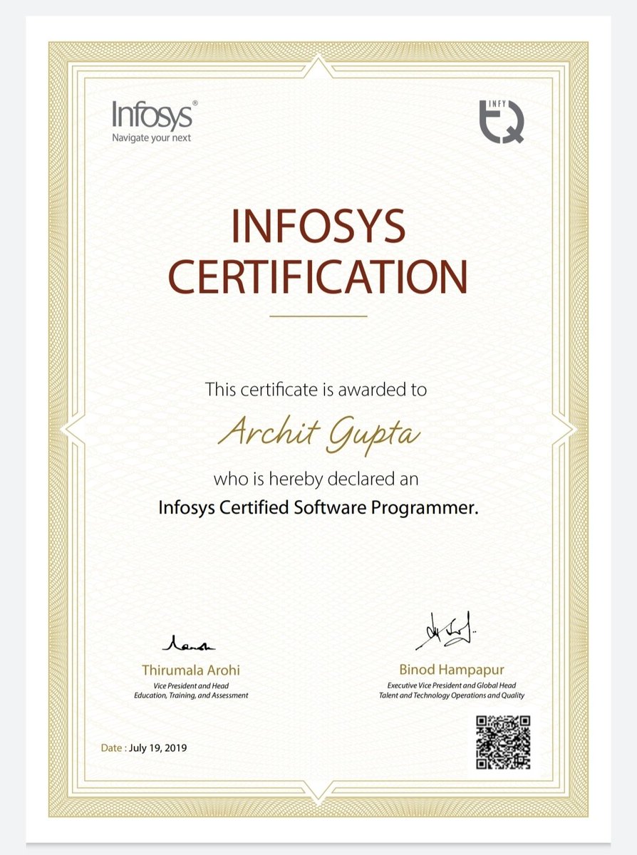 Archit__gupta's tweet photo. #Infosys #InfiTQ! 
I am so happy to share. Now, I am an Infosys Certified Software Programmer. https://t.co/IXkvFuhaAA