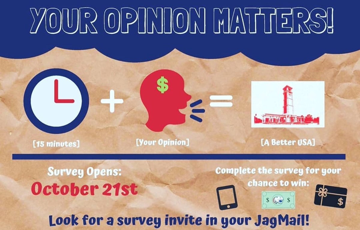 LAST DAY to WIN! Today is the last day to submit your Trellis Survry for your chance to win an iPad, Jag Bucks, gift cards, and more! Search your JagMail for Trellis and submit your options today!!
•
•
#YourOpinionMatters #SouthAlabama #JagNation #FindYourSpot #JagMoneyMoves
