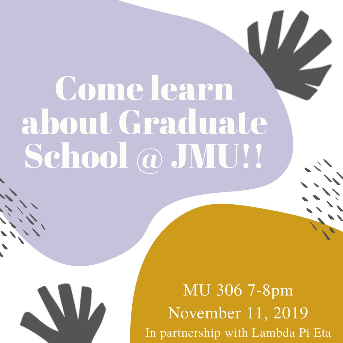MEETING TONIGHT!! Come learn about Graduate School options at JMU. MU 306. 7pm. See you there!!
