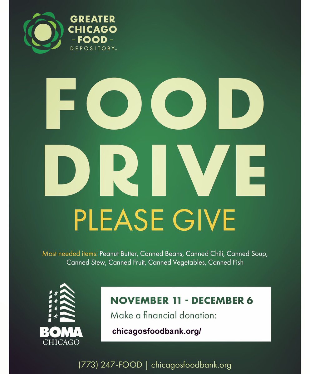 333NMichigan's tweet photo. We’re pleased to once again team up with BOMA/Chicago &amp; the GCFD this holiday season to collect food &amp; monetary donations to feed the food insecure of Chicago. To donate, drop non-perishables off in our lobby or donate monetarily on our #GCFD 333 website via the link in our bio! https://t.co/XU3uIMFkKA