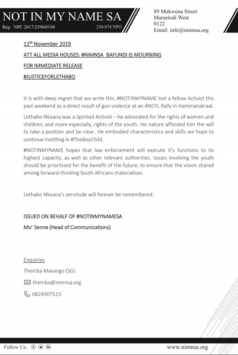 NotInMyNameINT's tweet photo. #NIMNSA_BAFUNDI IS MOURNING
RE: #JUSTICEFORLETHABO
ISSUED ON BEHALF OF #NOTINMYNAMESA
β @Mo_Senne (Head of Communications)
cc @BroThemba (SG)
cc @Siya_Jentile (PRES)
cc @JustCallMeMpumi (COO)
#HammanskraalShooting #ANCYL https://t.co/h1dL249DNd
