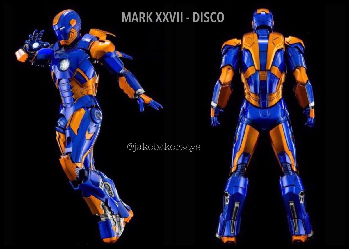 MARK XVII - Disco- Chameleon Suit- capable of full camouflage, can completely blend into the surrounding environment- features a full weapons system, allowing for it to be used in both stealth and combat situations- orange and blue color scheme unique to Disco