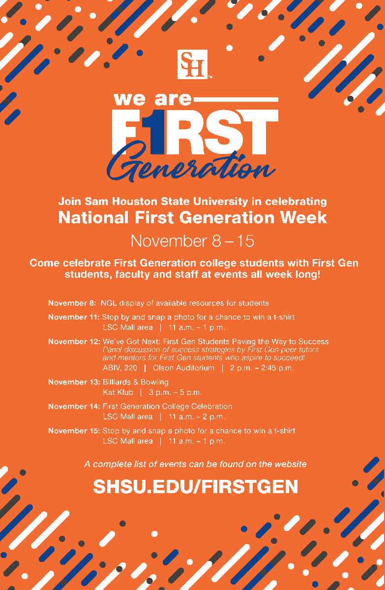 SamHoustonState's tweet photo. #SHSU is celebrating First Generation students all week! Stop by one of our events to meet other first gen students, faculty & staff.
Stop by the step & repeat today to take a picture and get a free button! #SHFirstGen
π
11/11
β°11 - 1
πLSC Mall https://t.co/ZWpz7NAvKM