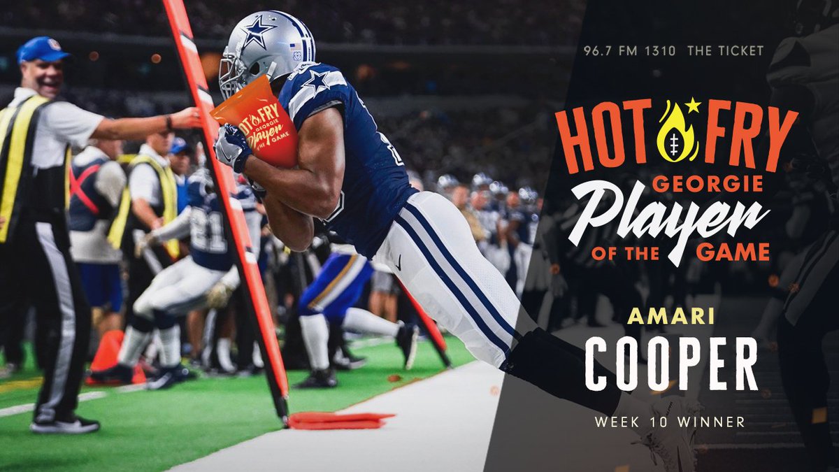hotfrygeorgie's tweet image. Congrats to that famous #DallasCowboys WR @AmariCooper9 for tiptoeing into the week 10 Hot Fry Georgie Player of the Game!! 🔥🏆 @junior_miller