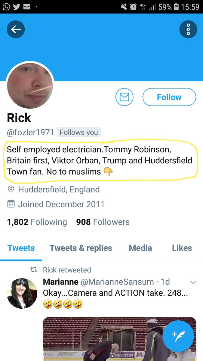 KimberleyW1983's tweet photo. So, some random with this VILE bio has just decided to follow me.
Know your audience, son. #NoToRick #NoToTommyRobinson #NoToTrump #JustNo #SoMuchNo https://t.co/VAx9SELU45