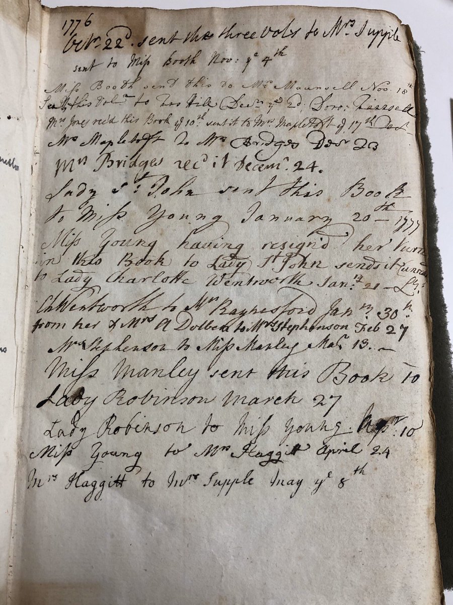 A group of 15 women shared this book among themselves btw 1776-1777. Each annotation notes how the book traveled between readers, eventually ending up back with the first woman listed. Multiple gens of #herbook #bookclub on one page! @LewisWalpoleLib hdl.handle.net/10079/bibid/31…