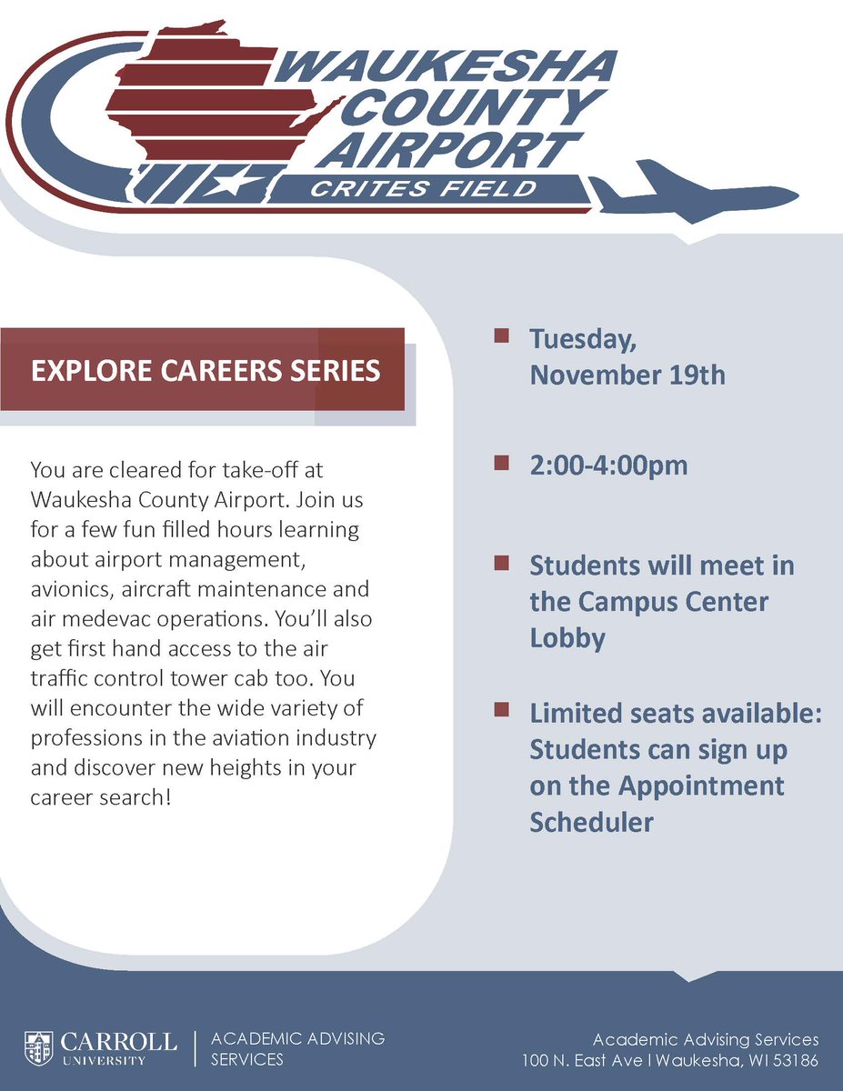 You are invited to learn about the many careers at the Waukesha County Airport next Tuesday from 2-4pm!  #carrollu #CUExplore #FuturePio #PioSoc <a href="/CU_Advising/">CU AdvisingCenter</a>