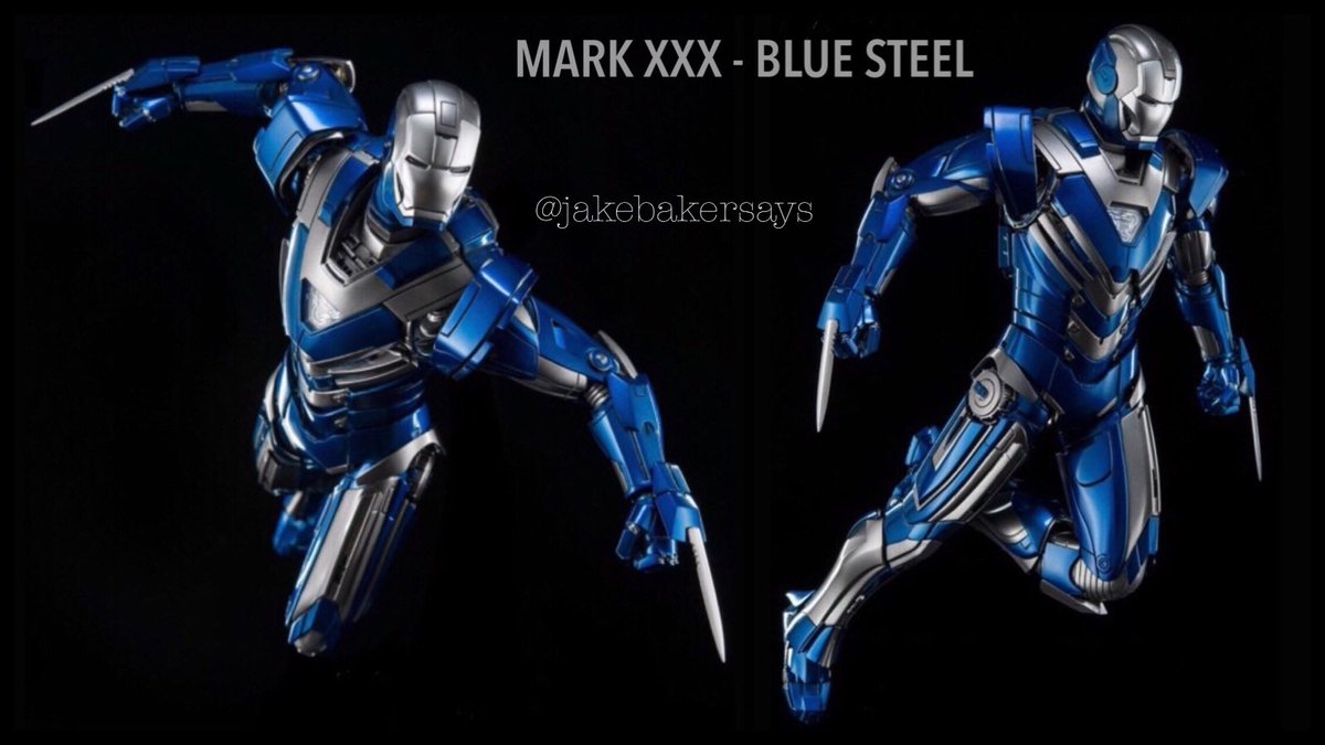 MARK XXX - Blue Steel- Silver Centurion Suit- triangular RT designed for energy amplification and redirection- armor design is triangular and sleek- first suit to feature Enhanced Energy Output that allowed for more effective energy distribution to the suit’s systems
