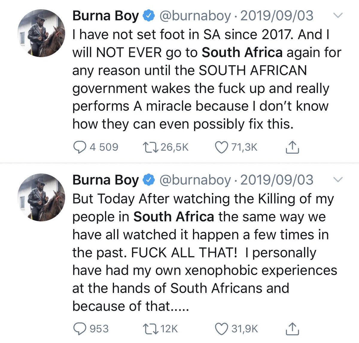 PhilMphela's tweet image. ICYMI: This is what Nigerian star tweeted during #xenophobicattacks and received backlash for back in August... 

When his involvement in the Africa Unite concert was reported he tweeted that he will indeed perform in South Africa as his goal now is to “unite africa”