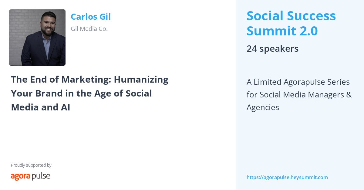 mike_allton's tweet image. Don't miss The End of Marketing: Humanizing Your Brand in the Age of Social Media and AI w/ @carlosgil83 on 11/13 #AgorapulseSummit #SocialMediaMarketing thesmh.co/329rzLq