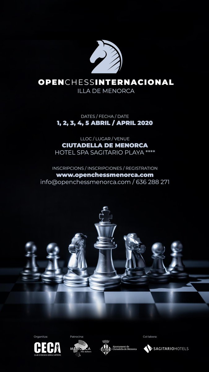 Ahora podemos hacer público nuestro cartel oficial. El I Open Internacional Illa de Menorca ya es una realidad!
We can now make our official poster public. The 1st International Open Chess Menorca is a reality!