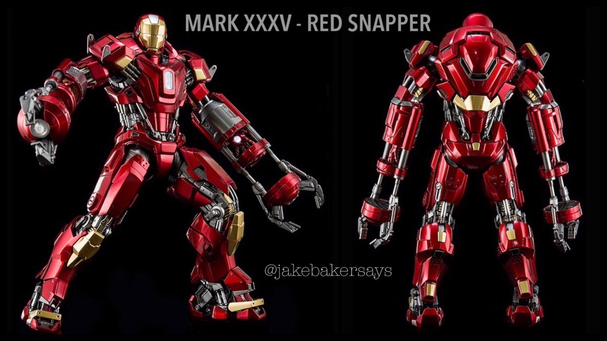 MARK XXXV - Red Snapper- Disaster Rescue Suit- upgraded MK34, used in rescue and disaster situations - featured two pneumatic pincher claws- designed to withstand various types of natural disasters such as tornadoes, hurricanes and earthquakes- fourth largest Iron Man armor