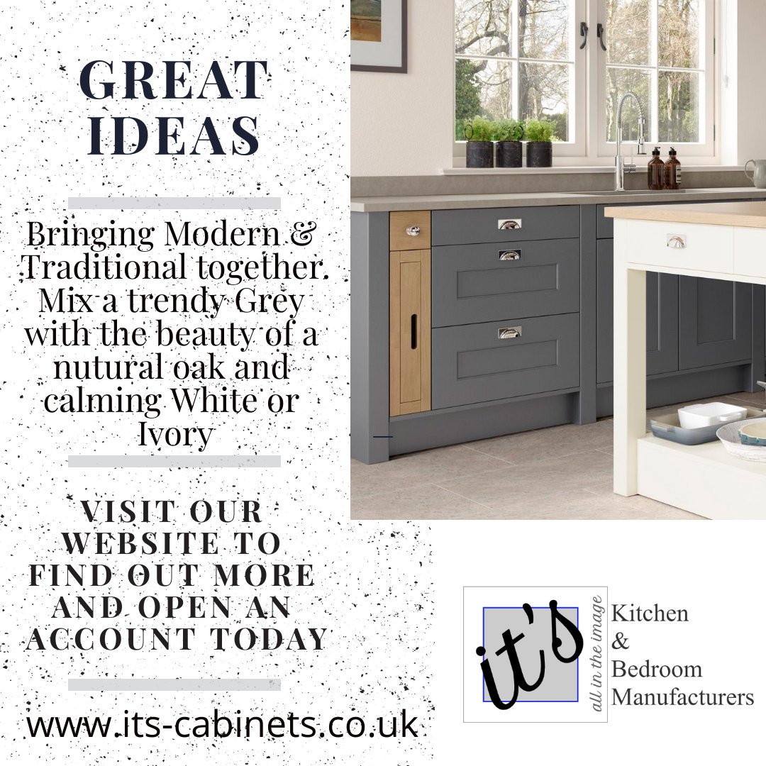 ItsCabinets's tweet photo. Can't decide between modern and traditional why not have both? 🤷‍♀️ Mix colours or why not mix ultra modern doors with a traditional wooden worktop or traditional doors with modern stone or granite tops? The possibilities are endless #mixitup #KBB #furniture #supplier #design https://t.co/tRcJoZ3Hrv