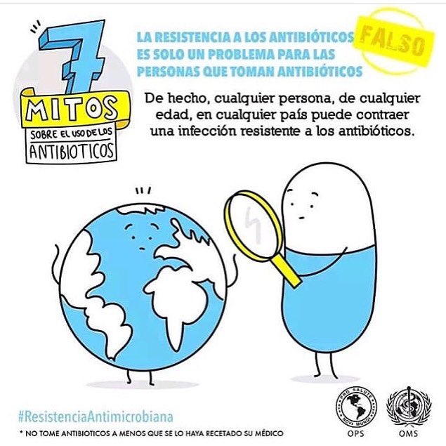 svinfectologia's tweet image. 7 MITOS SOBRE EL USO DE ANTIBIÓTICOS

La resistencia a los antibióticos es un problema incluso para los que no toman antibióticos.  

Cualquier persona, de cualquier edad o país puede contraer una infección resistente a antibióticos.
.
No se automedique.  Consulte su médico.
.