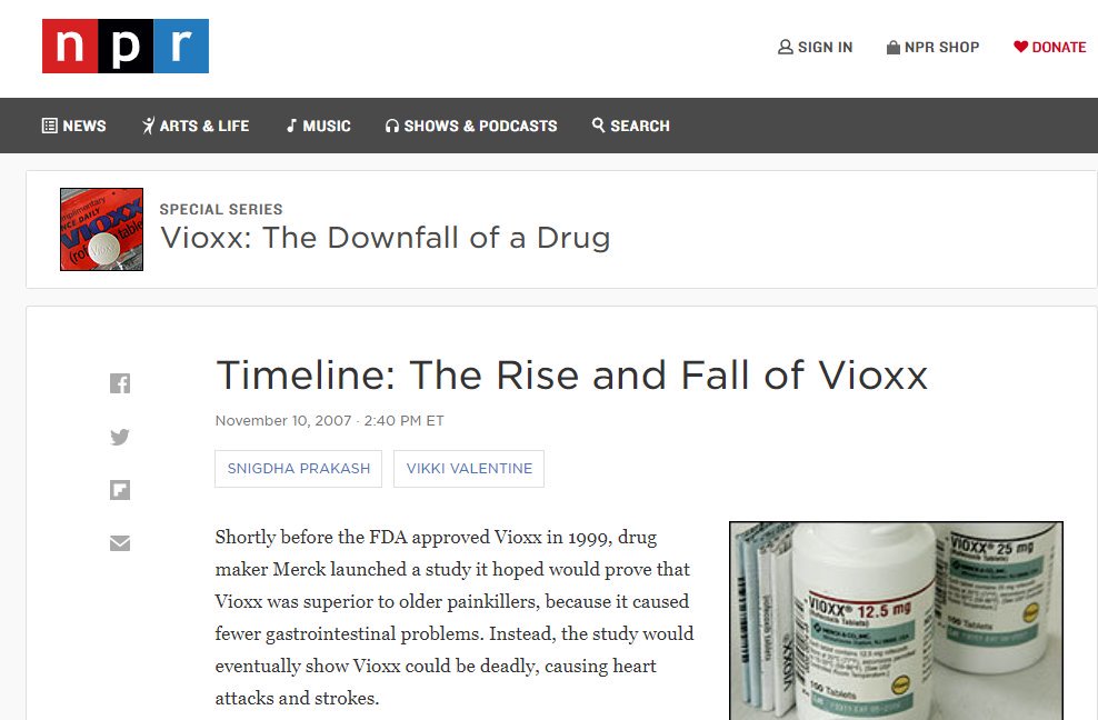 In 1999, Pharmaceutical giant Merck releases a new painkiller product"Vioxx"And regardless of the fact that their initial study shows double the risk for heart problem-related death, they refuse to pull the drug from shelves for5 FUCKING YEARS The results are catastrophic