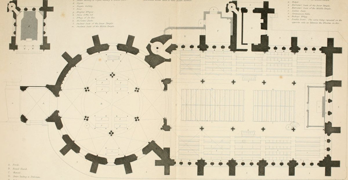 Central plan of the Temple Church 1845.Right -: East Window of Temple Church London.Temple Church is jointly owned by the Inner Temple and Middle Temple Inns of Court, bases of the English legal profession.