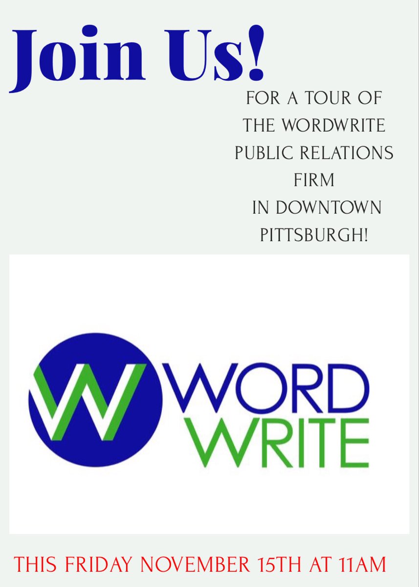 Join us this Friday, November 15th for a FREE tour of the @WordWritePR Firm in Downtown Pittsburgh! We will be meeting in front of the student union at 10:45am &amp; walking to the firm together. Please email our president, Sydney Beam at beams@duq.edu if interested!