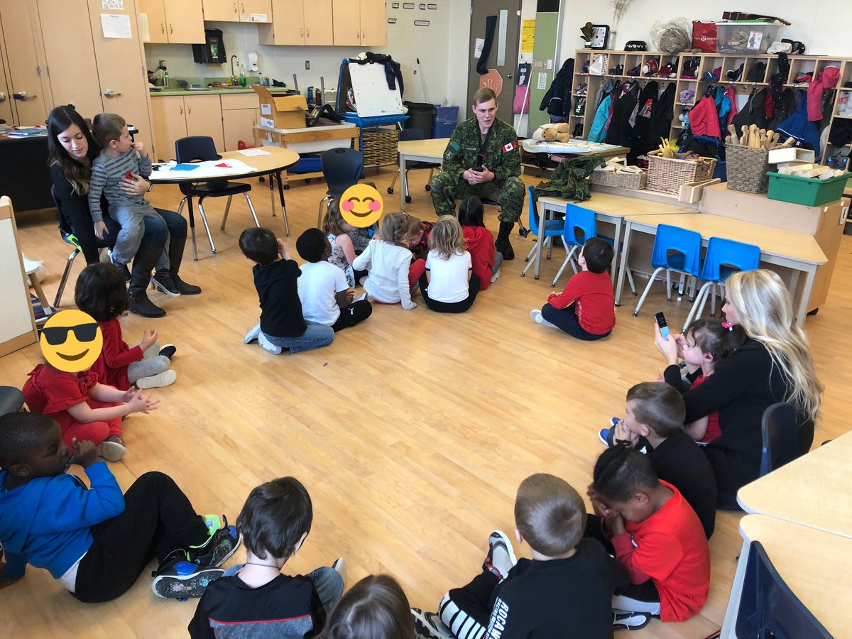 MsKMacKenzie's tweet photo. Today, KB heard from a veteran and had a visit from a current CAF member. We talked about what this day is for, why it is important and what peace means to us. I am so proud of these kiddos and their eagerness go learn about our Canadian Heroes. @CharityHunter95 #LestWeForget https://t.co/H117YMAiRA