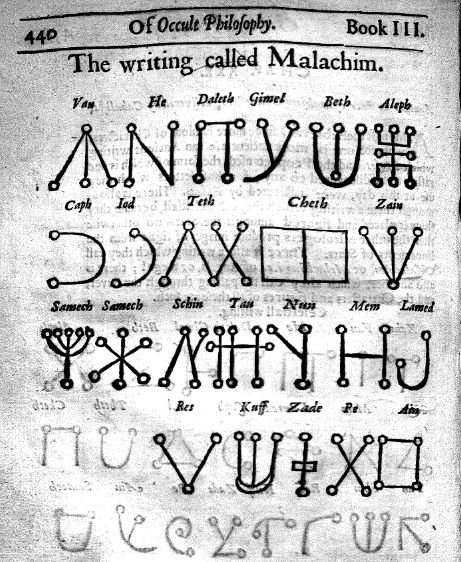 𝕄𝔸𝕃𝔸ℂℍ𝕀𝕄 𝔸𝕃ℙℍ𝔸𝔹𝔼𝕋A 22-character alphabet inspired by Greek and Hebrew letters, the Malachim alphabet is mentioned by Cornelius Agrippa in his Book of Occult Philosophy.