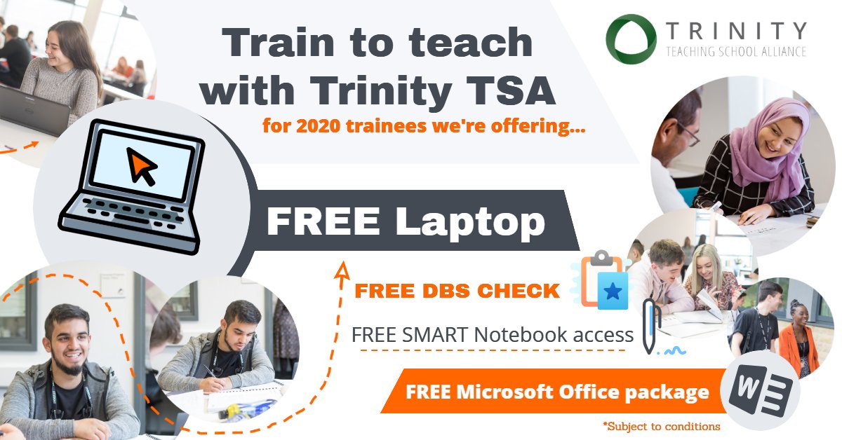 Trinityteach's tweet photo. #TrainToTeach with TTSA and receive:
💻 A FREE Laptop
✔️ Your DBS checks 
🖍️ SMART Notebook access
📝 The entire Microsoft Office package! 
Click to sign up today- https://t.co/FaiX9noZww 

#TrainToTeach #edchat #edtech #TrinityTeach #PGCE #SMARTnotebook #TeacherTraining https://t.co/QI8Fqq40AQ