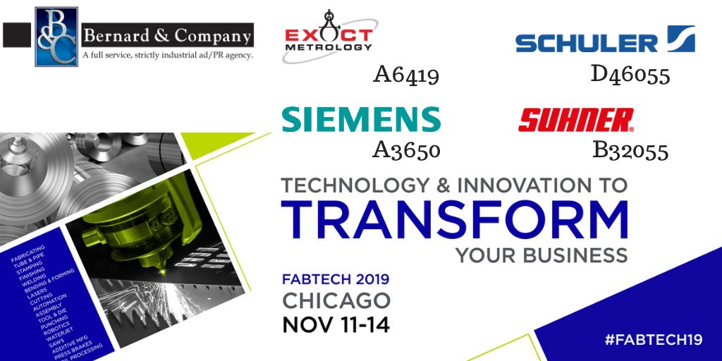 BernardandCo's tweet photo. Today is the first day of @FabtechExpo. Be sure to stop by our 4 exhibiting clients' booths. @ExactMetrology @SchulerGroup @Siemens_CNC_US #SuhnerMachining @SME_MFG @AWSHQ @FMAmembership @PMATalk @CCAI_TWEET #Fabricating #Metalworking #mfg https://t.co/G7c0U3uxrC