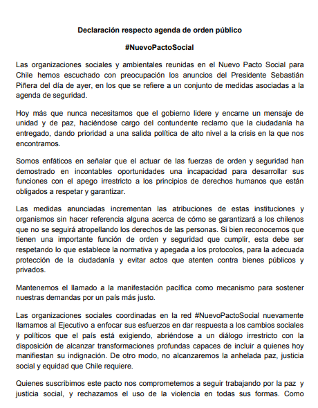 casadelapaz's tweet photo. "Hoy más que nunca necesitamos que el gobierno lidere y encarne un mensaje de unidad y de paz, haciéndose cargo del contundente reclamo que la ciudadanía ha entregado". 
Lee y comparte declaración del #NuevoPactoSocial respecto a agenda de orden público👉https://t.co/LglfaUDLBY https://t.co/XpdWjK059A