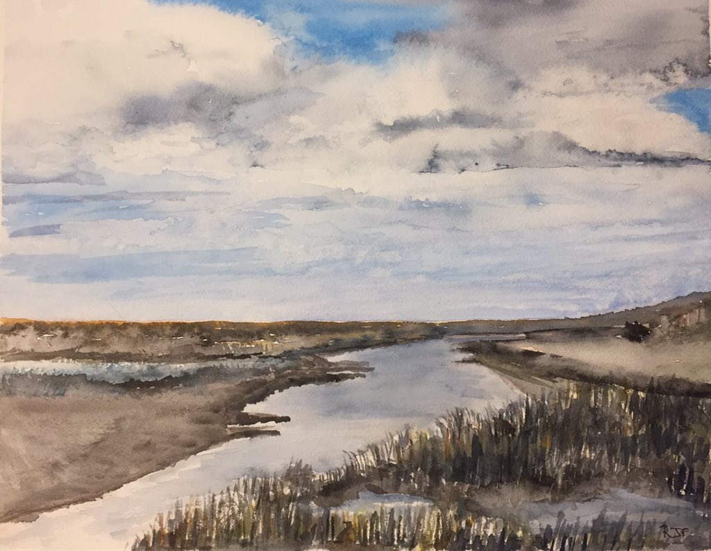 MPaintbox's tweet photo. The third in a series of three small watercolours from photos taken on a day trip to Norfolk.  11” x 13” on Arches showing the marshland at the top of Old Hunstanton beach. #norfolk #hunstanton #art #watercolour #sands #oldhunstantonbeach #oldhunstanton https://t.co/MPmXEDdfBh