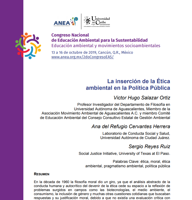 utepsji's tweet photo. Congratulations to Sergio Reyes, Graduate Student Coordinator of the @utepsji at @UTEP for his participation at the 2019 Congreso Nacional de Educación Ambiental para la Sustentabilidad, with the paper "La inserción de la Ética ambiental en la Política Pública." https://t.co/hgz2zGfT3T