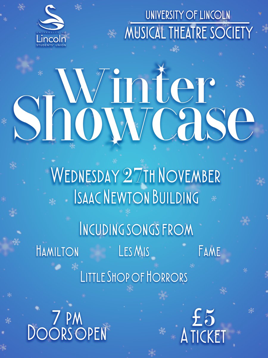The time has come for our annual Winter Showcase! 
We will also be accompanied by the <a href="/UoLBigBand/">University of Lincoln Big Band</a> and <a href="/UoL_Orchestra/">University of Lincoln Orchestra and Big Band</a> 

Tickets are £5 and doors open at 7pm. This is our ticket link:
lincolnsu.com/shop/product/1…

This is a Showcase that you don’t want to miss out on!