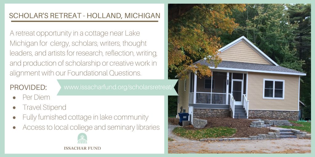 issacharfund's tweet photo. We are now accepting applications for the fall 2020/21 Scholar's Retreat, in Holland, MI - please help us share this opportunity with the writers, artists, clergy and thought leaders in your networks! https://t.co/ujrJqyJD5x https://t.co/bdy24wno2X