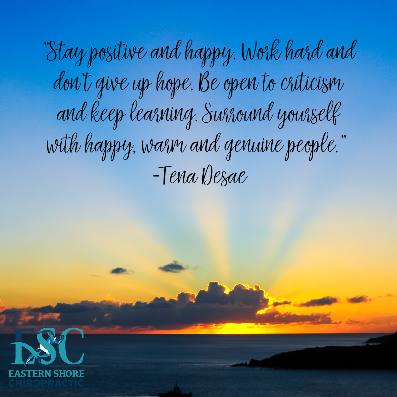 ESchiropractic's tweet photo. "Stay positive and happy. Work hard and don't give up hope. Be open to criticism and keep learning. Surround yourself with happy, warm and genuine people." -Tena Desae #MotivationalMonday #ESChiro https://t.co/QabBfnEoq4