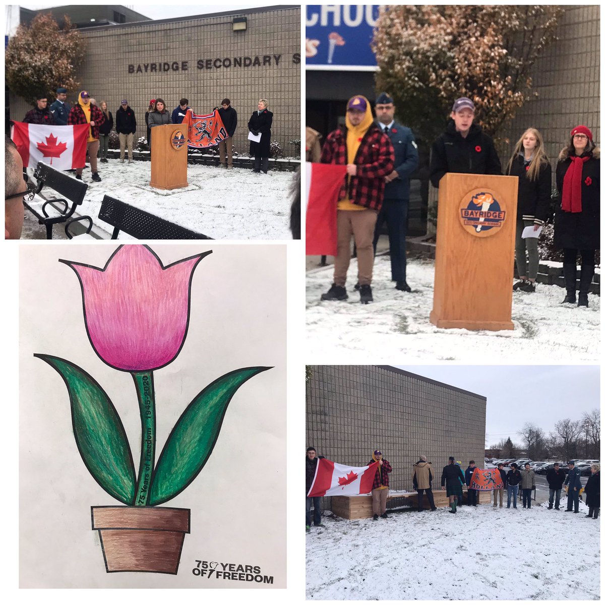 BayridgeSS_LDSB's tweet photo. Despite the cold, Blazers commemorated the liberation of the Netherlands 75 years ago during WWII by planting 75 tulips. #LestWeForget https://t.co/cahq9iNi7d
