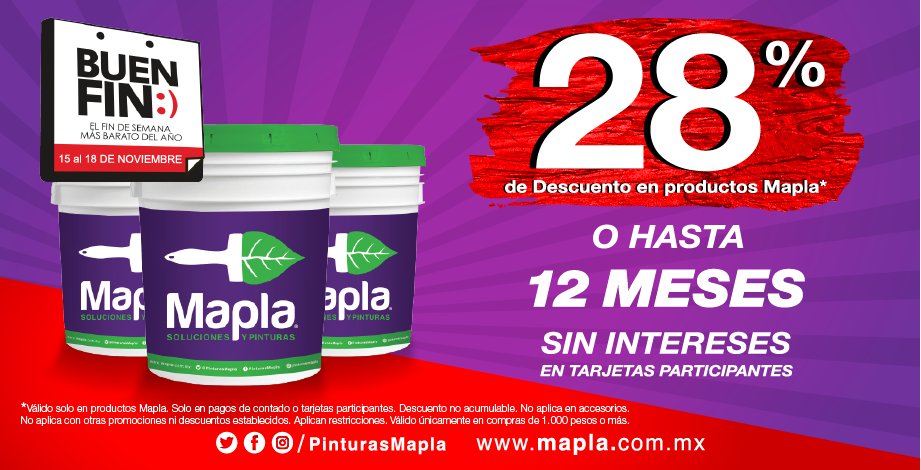 PinturasMAPLA's tweet photo. ¡El Buen Fin llegó a Mapla! 🏠

Aprovecha esta gran promoción para renovar tu hogar.

28% de descuento o hasta 12 meses sin intereses* 😃👌

🗓 Del 15 al 19 de Noviembre de 2018.
 
*Consulta términos y condiciones en sucursales o en nuestro facebook.

#BuenFin #HazloconMapla https://t.co/RvpVHpksTn