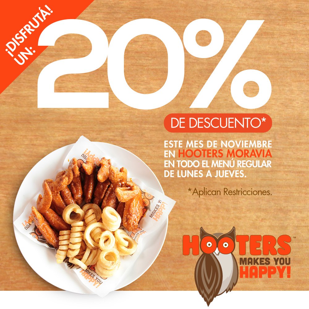 hooterscr's tweet photo. ¡20% de Descuento en Hooters Moravia!
Disfrutá este descuento de Lunes a Jueves en todo el Menú Regular*
* Aplican Restricciones. 
Ver Reglamento en: https://t.co/JosfJ5TRoQ
#HootersCostaRica https://t.co/vpPzVae6Im