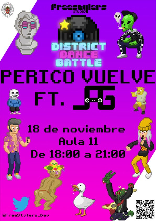 FreeStylers_Dev's tweet image. Perico tiene que calentar motores de cara al @FIMP_es, y para ello hemos preparado junto a @LagFdi una sesión de juego de District Dance Battle en @informaticaucm.

Os esperamos el 18 de noviembre en el Aula 11 de 18:00 a 21:00

¡Nuevos niveles, nuevos personajes y más novedades!