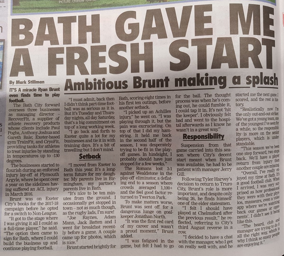 READ🗞: <a href="/stillmanjunior/">Mark Stillman</a> interviewed City striker <a href="/Bruntyy/">Ryan Brunt</a> in this week's <a href="/NonLeaguePaper/">The Non-League Paper</a>! 

🔘 The transition from full time to part time football
🔘 Moving to Bath 
🔘 The red card against <a href="/WealdstoneFC/">Wealdstone FC</a> 

and more! 

#Romans #KickOffYourOwnTradition